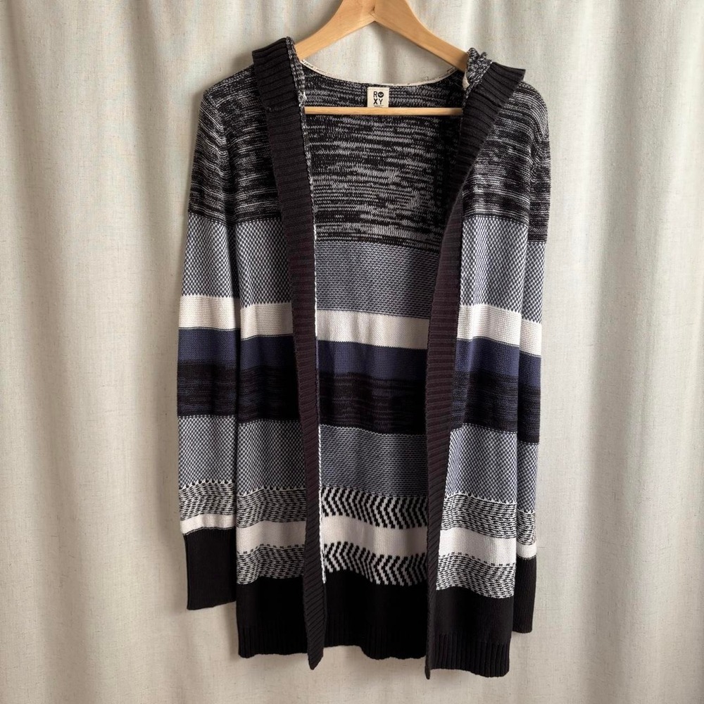 Roxy blue black & white striped hooded cardigan size small